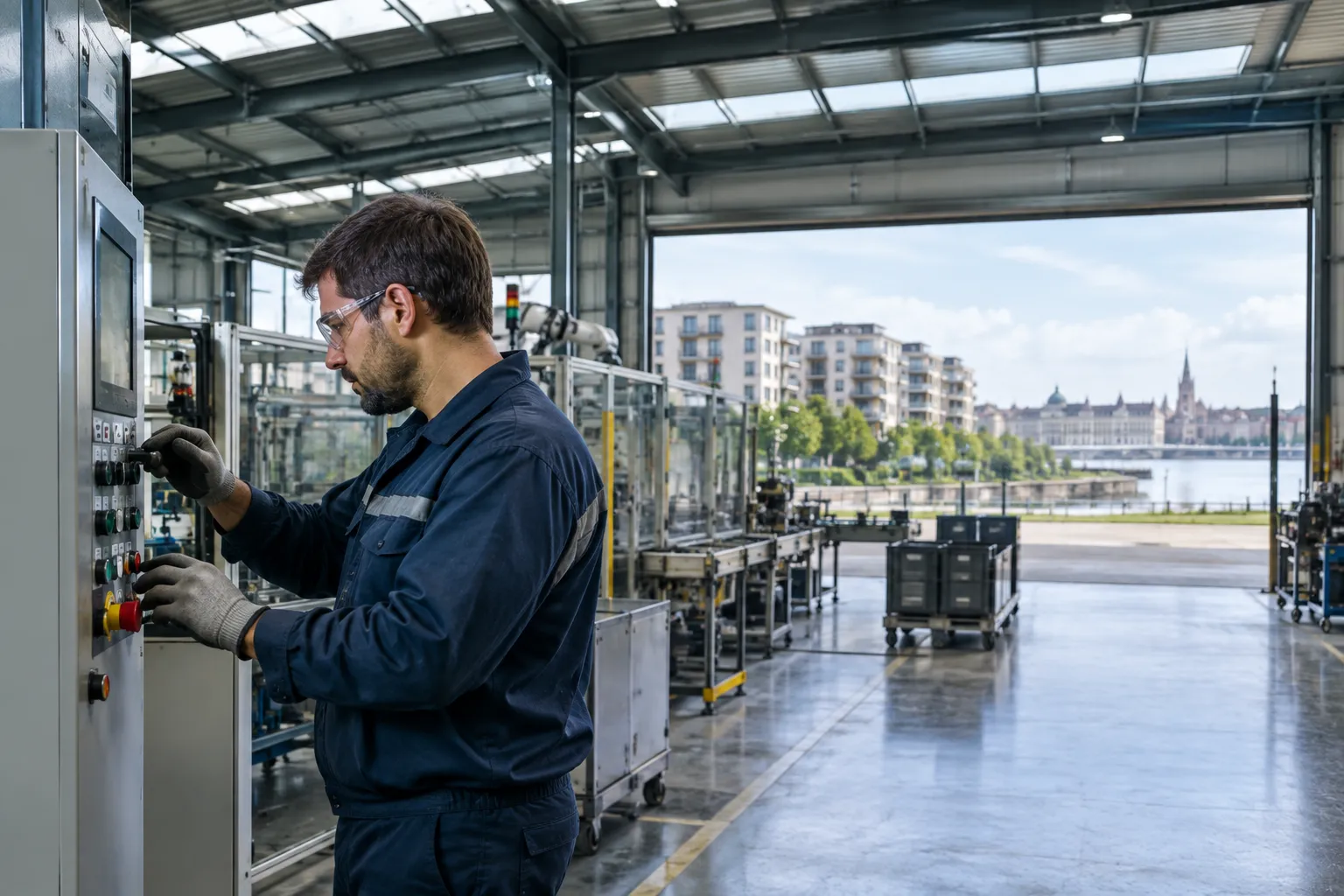 Technicien en usine près de logements, avec Bordeaux en arrière-plan