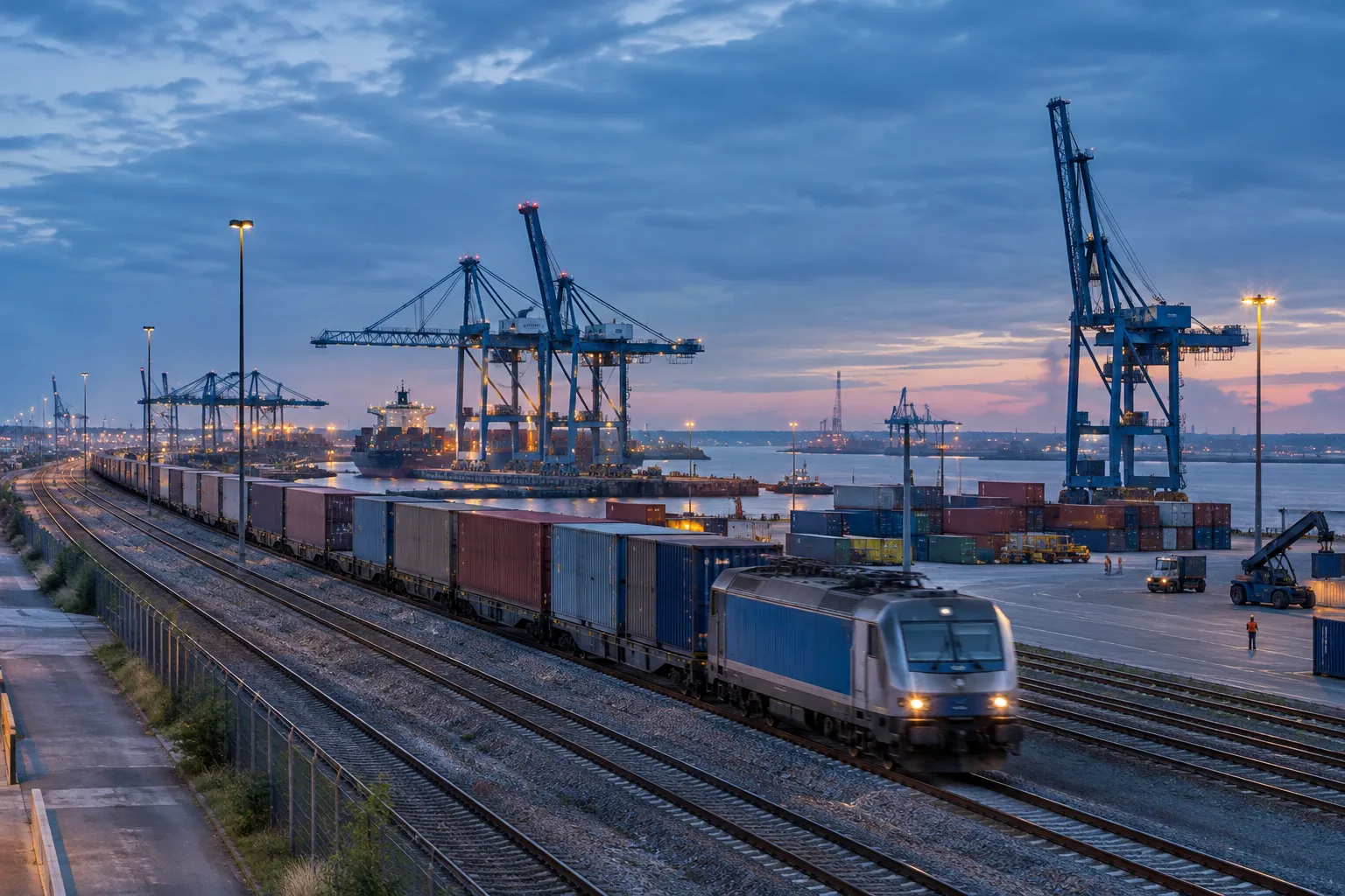 Train de fret et grues portuaires au Havre, dans une scène de logistique intermodale normande