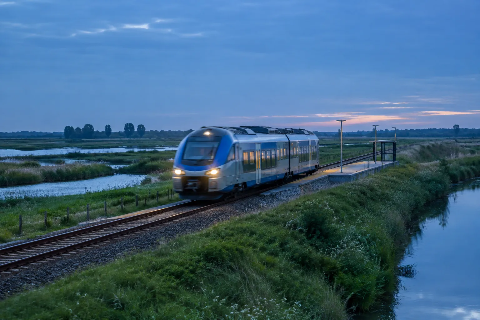 Un TER circule sur la voie ferrée au milieu des marais de l’Aunis, près de Marans.