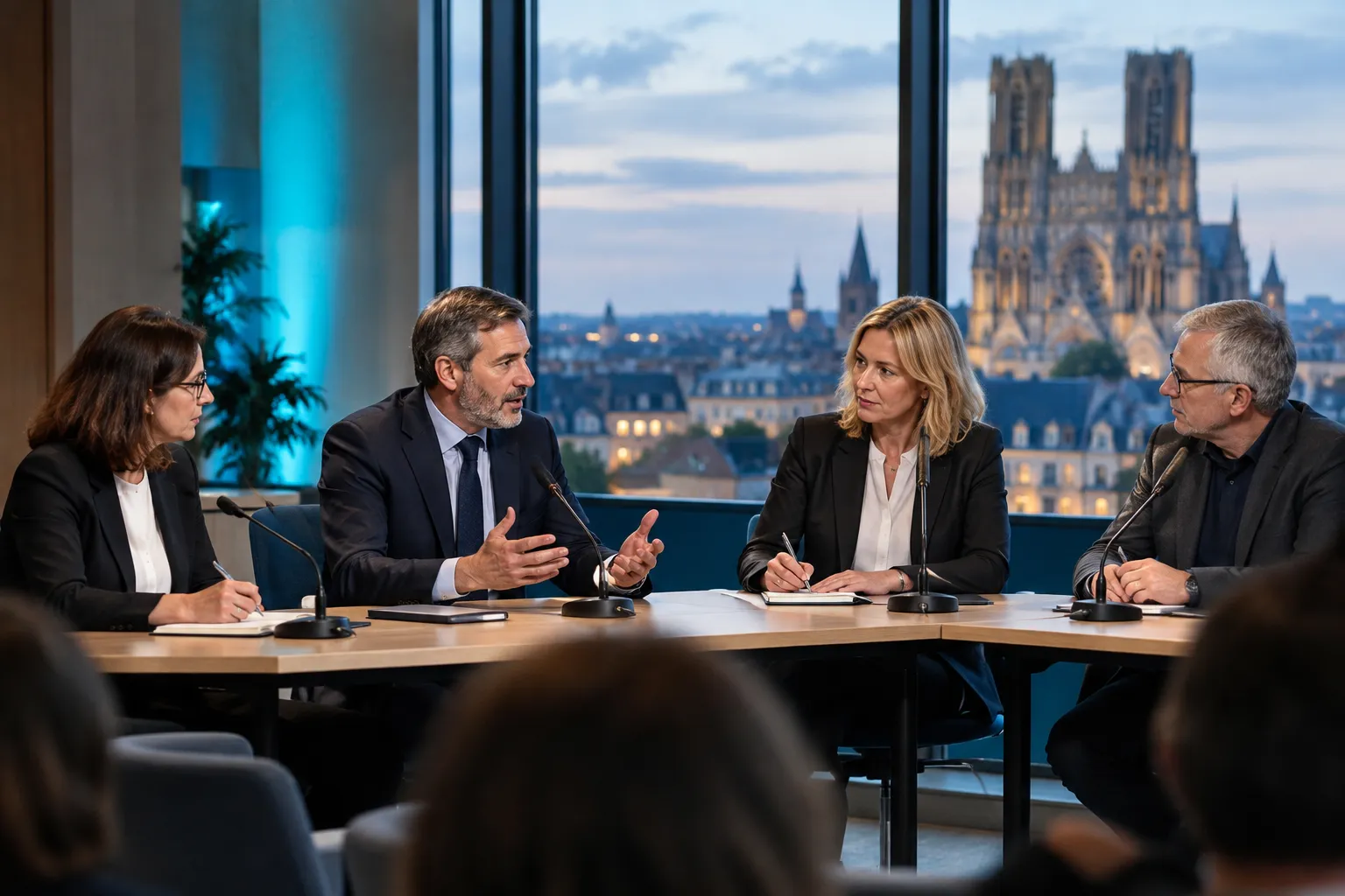 Table ronde sur les négociations salariales à Reims, avec la cathédrale en arrière-plan
