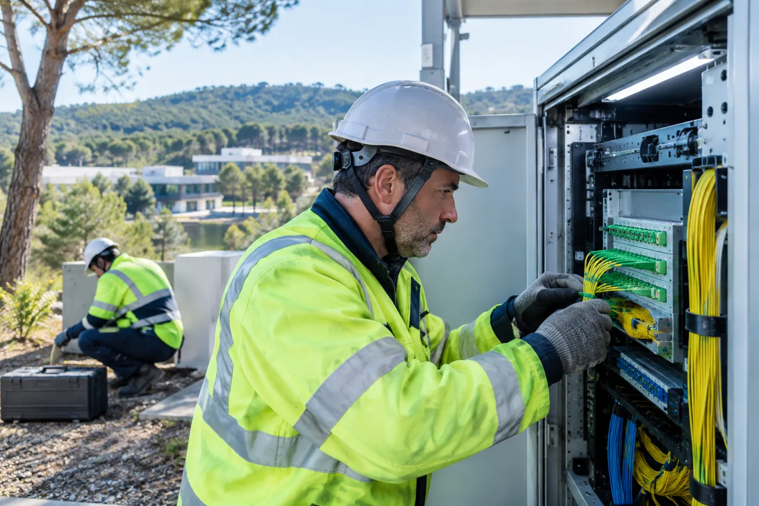 Technicien télécom intervenant sur un équipement réseau à Sophia Antipolis