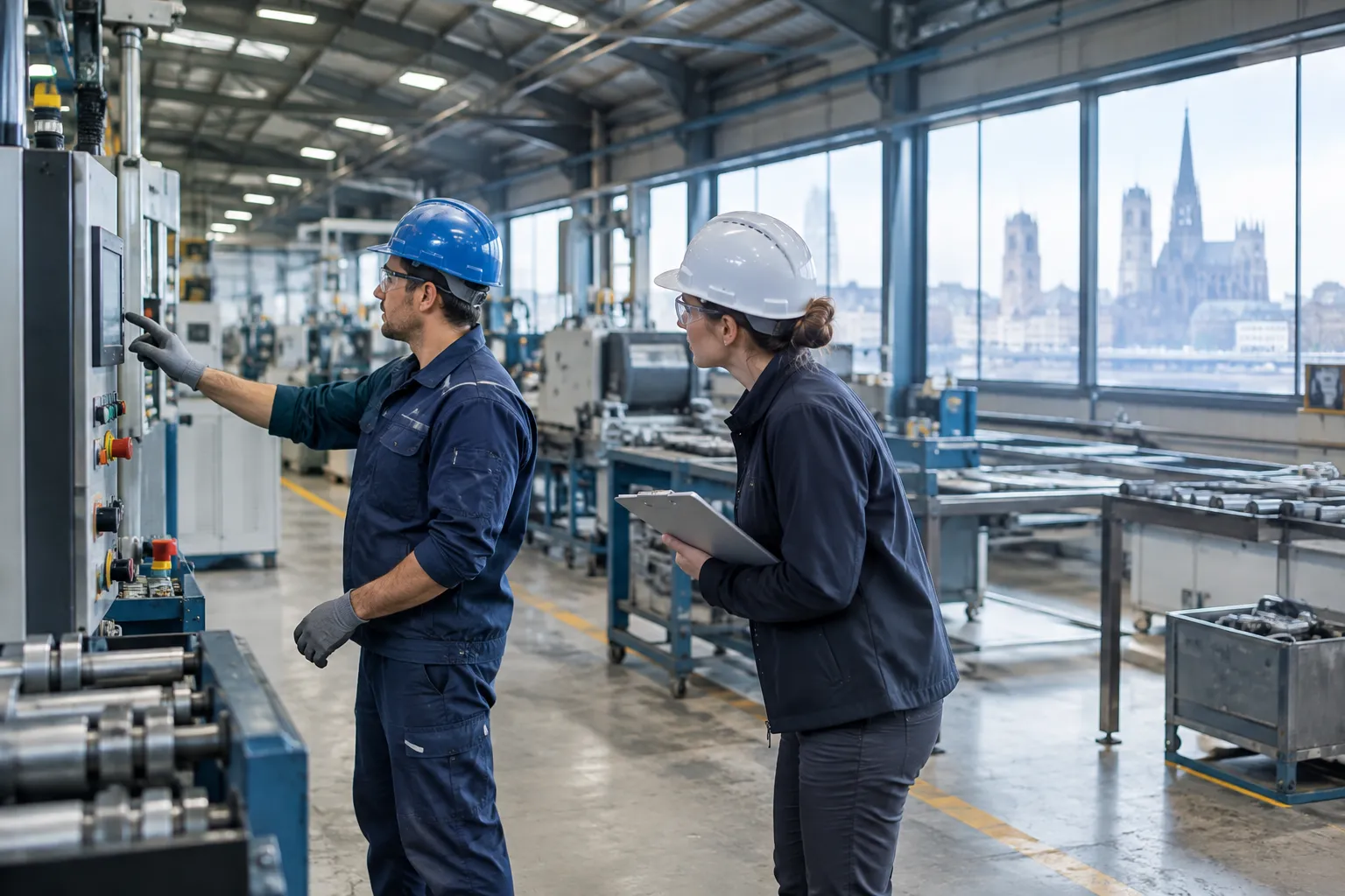Opérateur et spécialiste prévention évaluent un poste en usine normande, avec Rouen en arrière-plan.