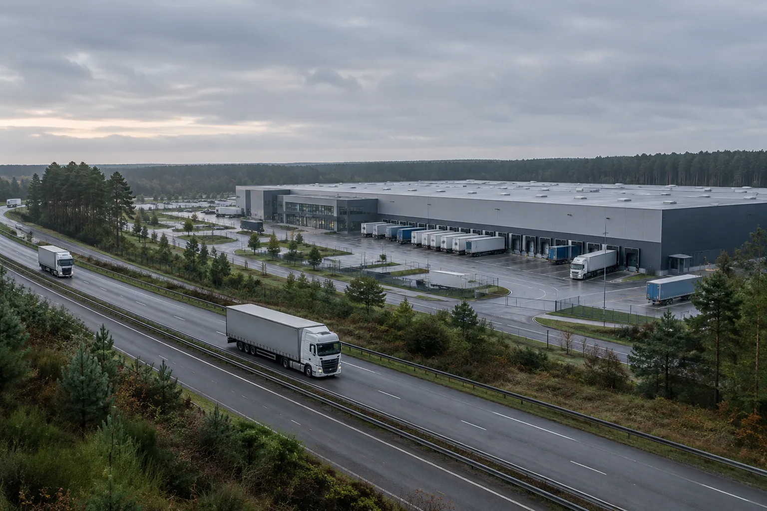 Illustration d’une plateforme logistique et de poids lourds en lisière de la forêt des Landes.