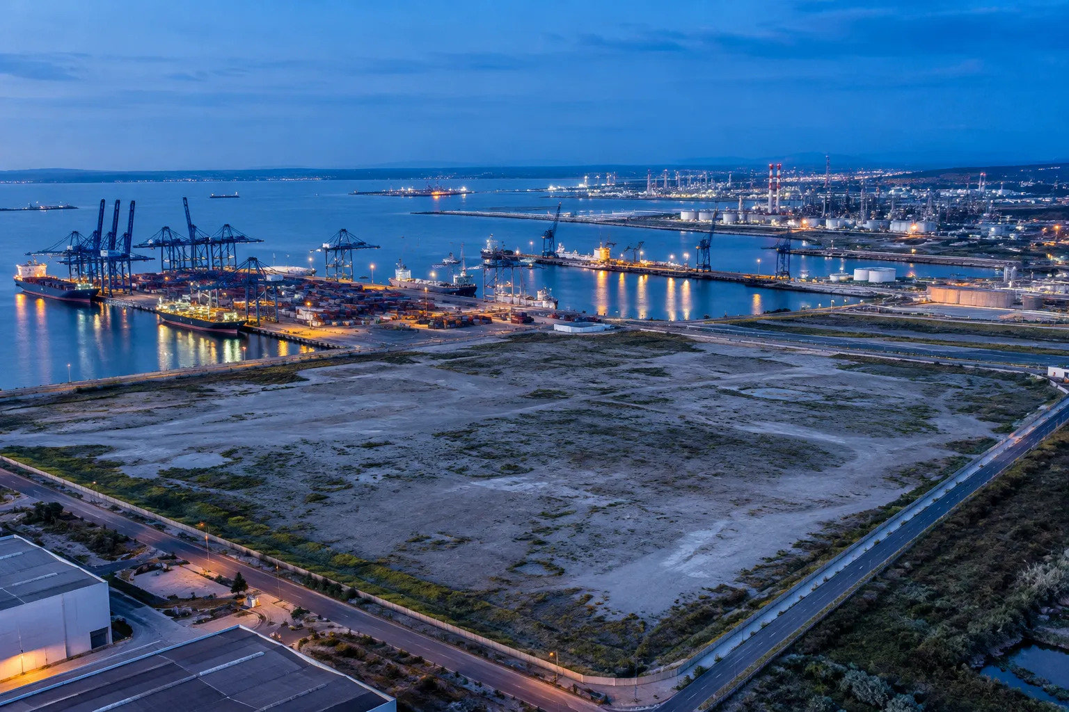 Vue aérienne d’un terrain industriel disponible face aux quais et aux grues du port de Fos-sur-Mer