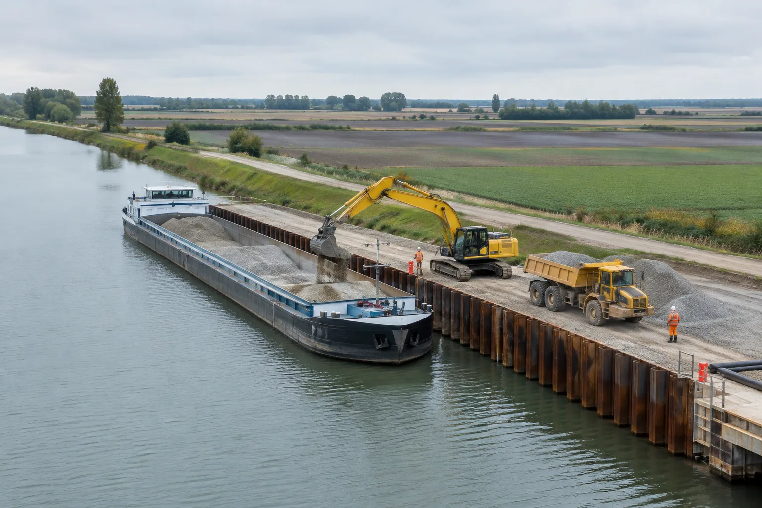 Quai de chantier sur le canal du Nord, barge et engins de matériaux dans l’Oise.