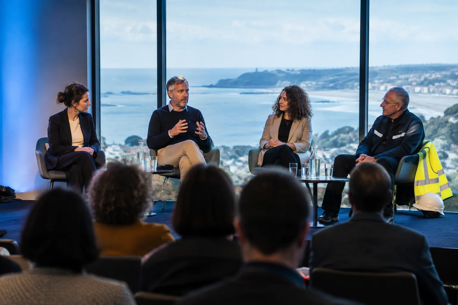 Table ronde sur la santé au travail dans un congrès breton, avec la baie de Saint-Brieuc en arrière-plan