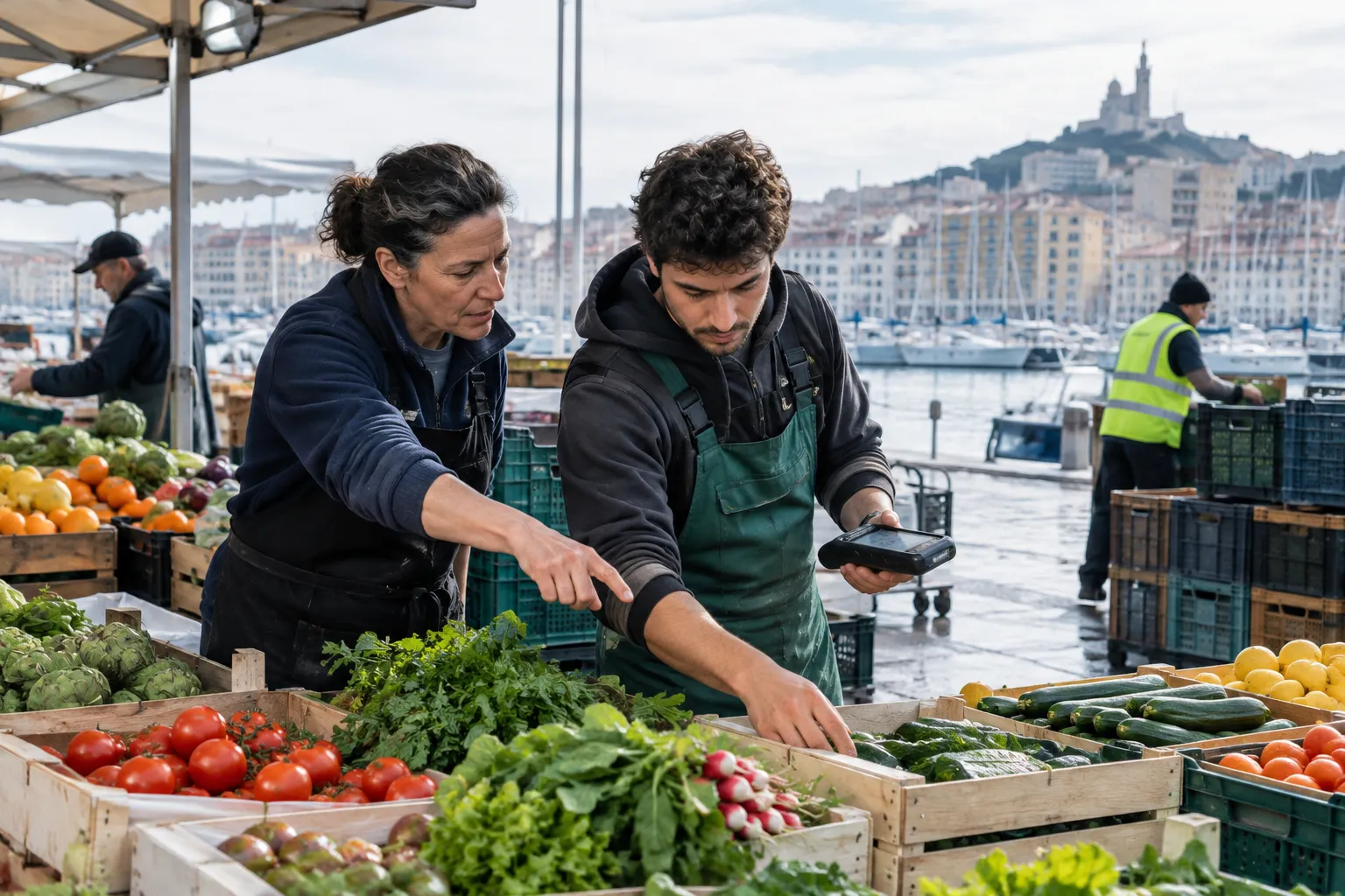 Deux employés réapprovisionnent un étal de fruits au Vieux-Port de Marseille