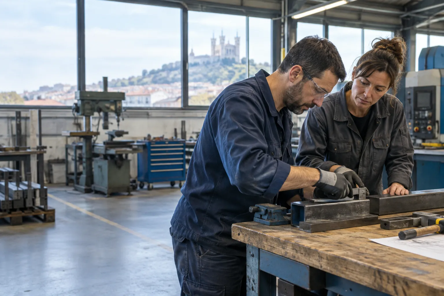 Une candidate démontre ses compétences dans un atelier près de Lyon, accompagnée par une tutrice.