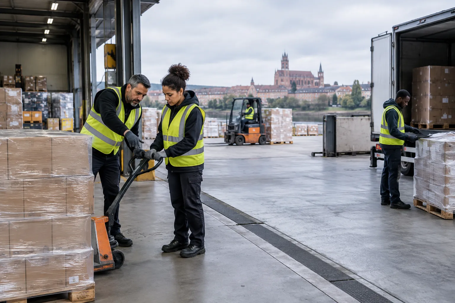 Un salarié expérimenté accompagne un nouveau collègue sur un quai logistique en Occitanie.