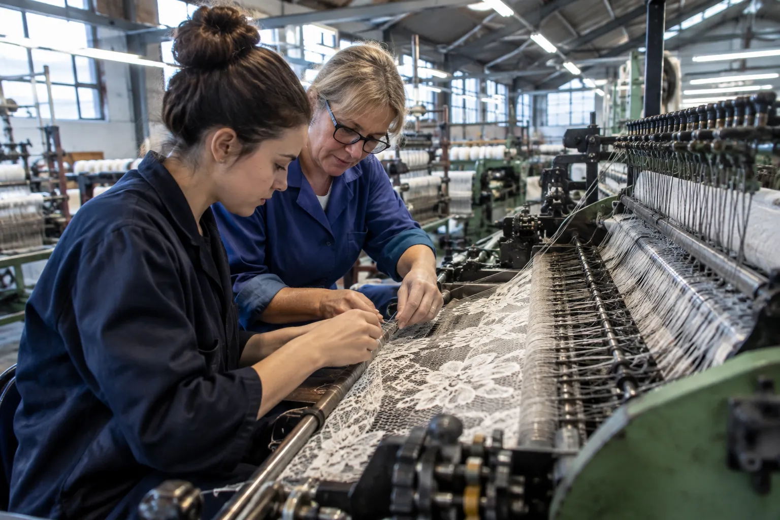 Une apprentie apprend le travail des fils sur un métier Leavers dans un atelier de dentelle à Caudry.