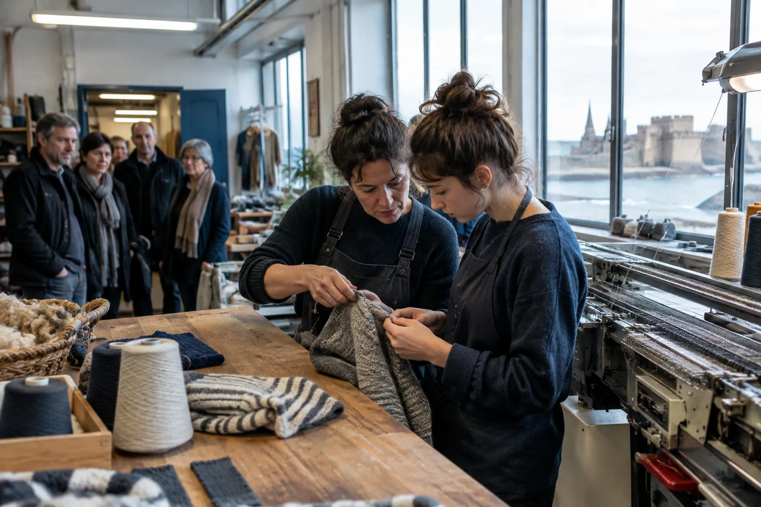 Une artisane montre un geste de tricot à un apprenti devant des visiteurs, dans un atelier breton.
