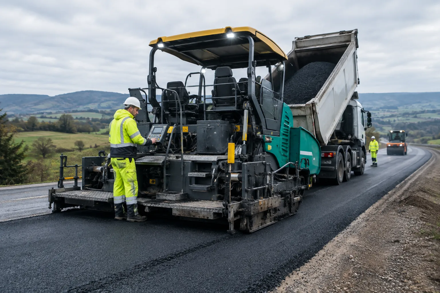 Un ouvrier règle un finisseur sur un chantier routier en Bourgogne-Franche-Comté