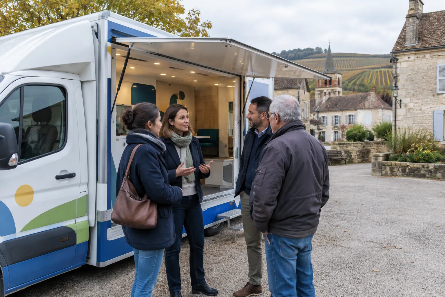 Un camion de l’emploi accueille candidats et recruteur dans un village bourguignon.