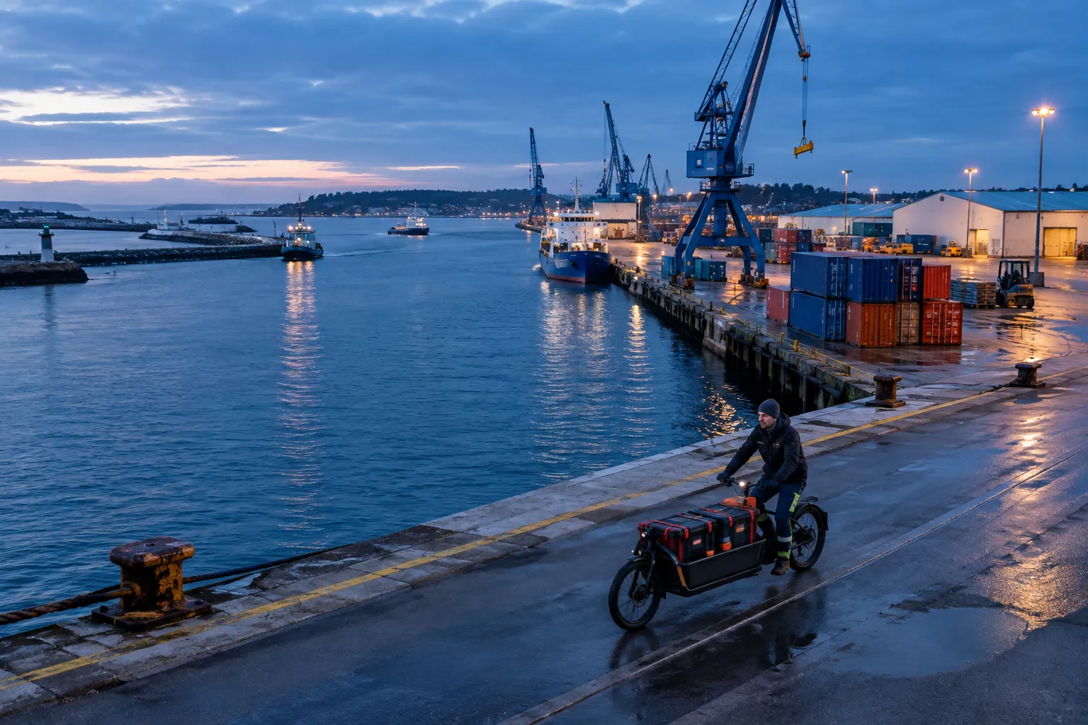 Un artisan charge des outils sur un vélo cargo près du port de Lorient.