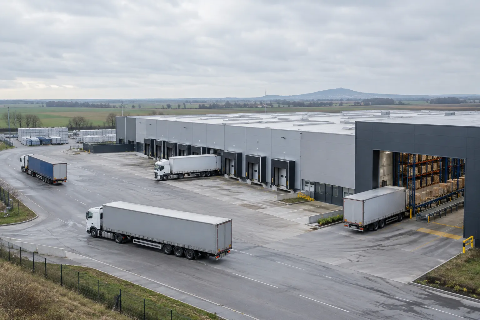 Entrepôt logistique à Callicanes, avec quais de chargement, poids lourds et paysage flamand en arrière-plan.